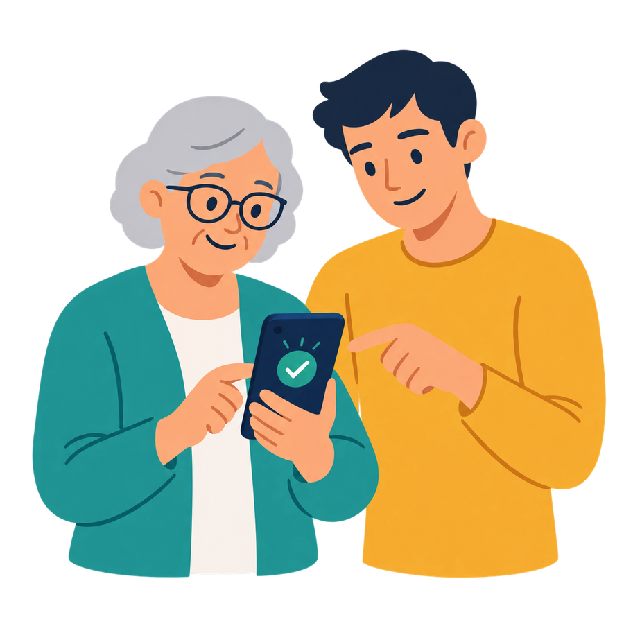 Una persona mayor y un familiar más joven revisando juntos un mensaje en el teléfono