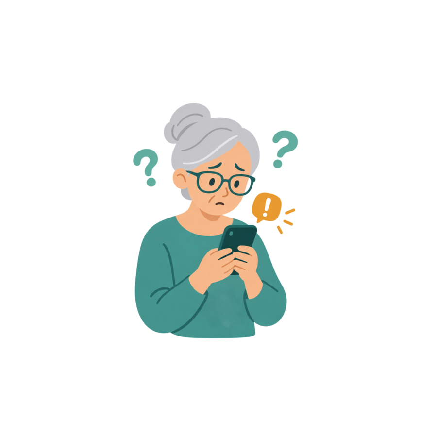 Ilustración de una persona mayor mirando el teléfono con preocupación y dudas